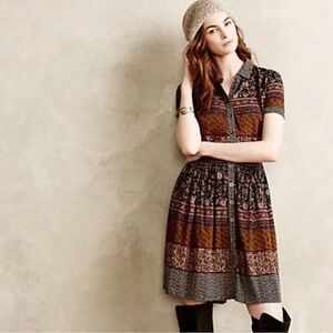 Hazel Anthropologie Patterned Button-down Shirt Sleeved Dress Large